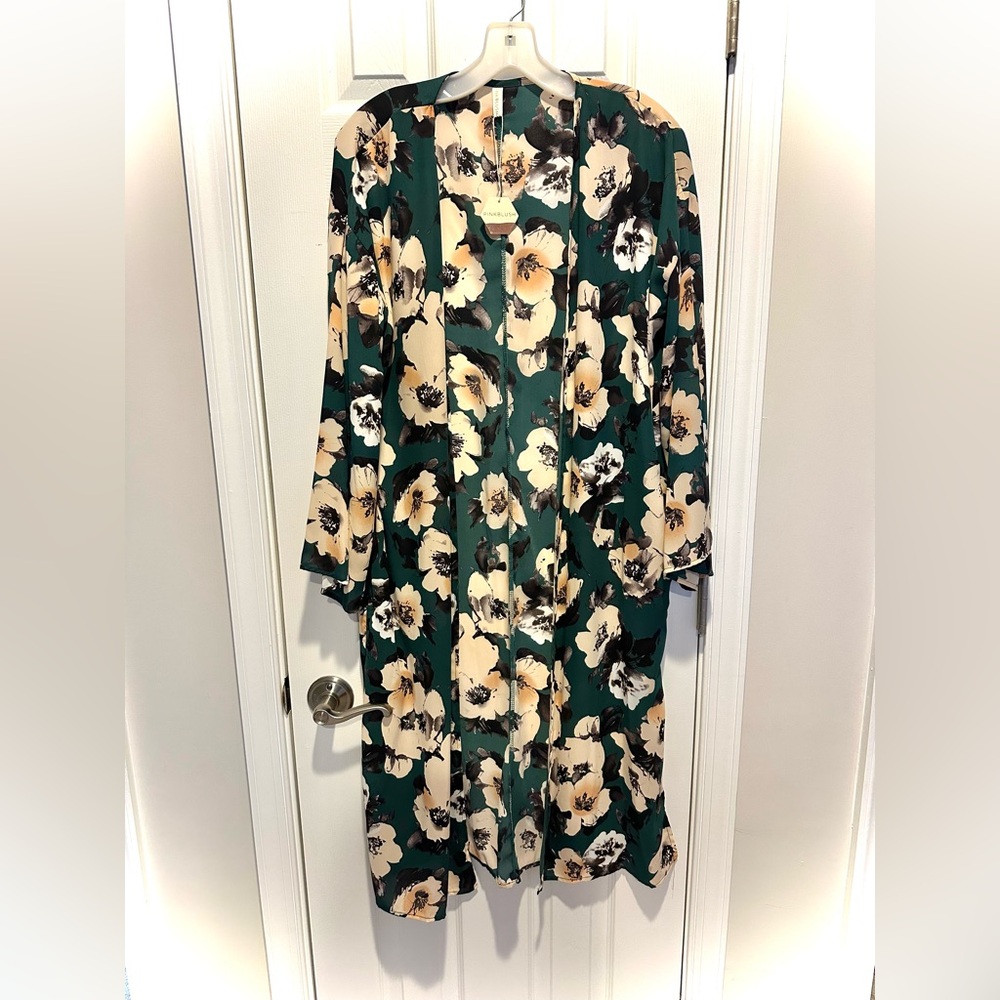 NWT Pinkblush Green Floral Duster Kimono – Long Open Front Cardigan- Size Small